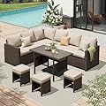 AECOJOY Outdoor Patio Furniture Set, 7 Pieces Clearance Sectional Rattan Dining Table&Chairs, All Weather Wicker Conversation Sofa Couch with Ottoman, Khaki Cushions&Brown Rattan