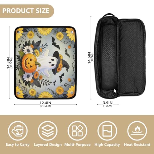 Bolsa de viaje para herramientas de cabello para mujer con almohadilla resistente al calor, portátil para plancha y accesorios de cuidado capilar, accesorios de Halloween con fantasmas, sombrero de bruja y calabaza miniatura 4