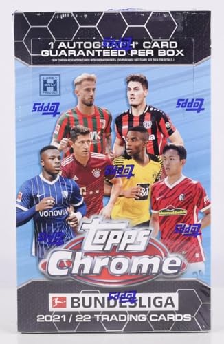 2021-22 Topps Chrome Bundesliga Soccer Hobby Box Factory Sealed 18 Packs of 4 Cards. 1 Auto Per Box. Chase great rookie class and all the stars autographs and low numbered parallels of Euro soccer.