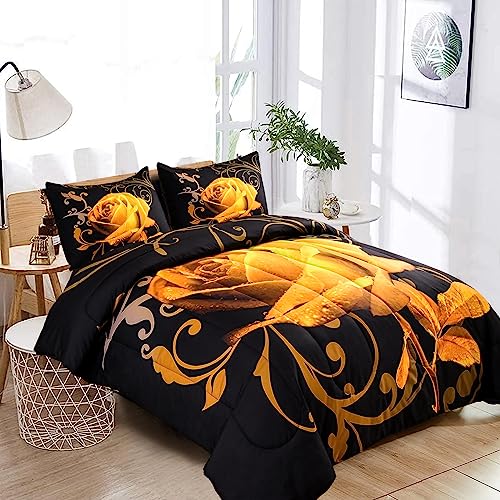 Yellow Comforter Set King Reversible Yellow Rose Pattern Printed Bedding Comforter Set With 2 Pillowcases For All Seasons, Soft Microfiber Filling Bedding Set 103"X90" #TOP2