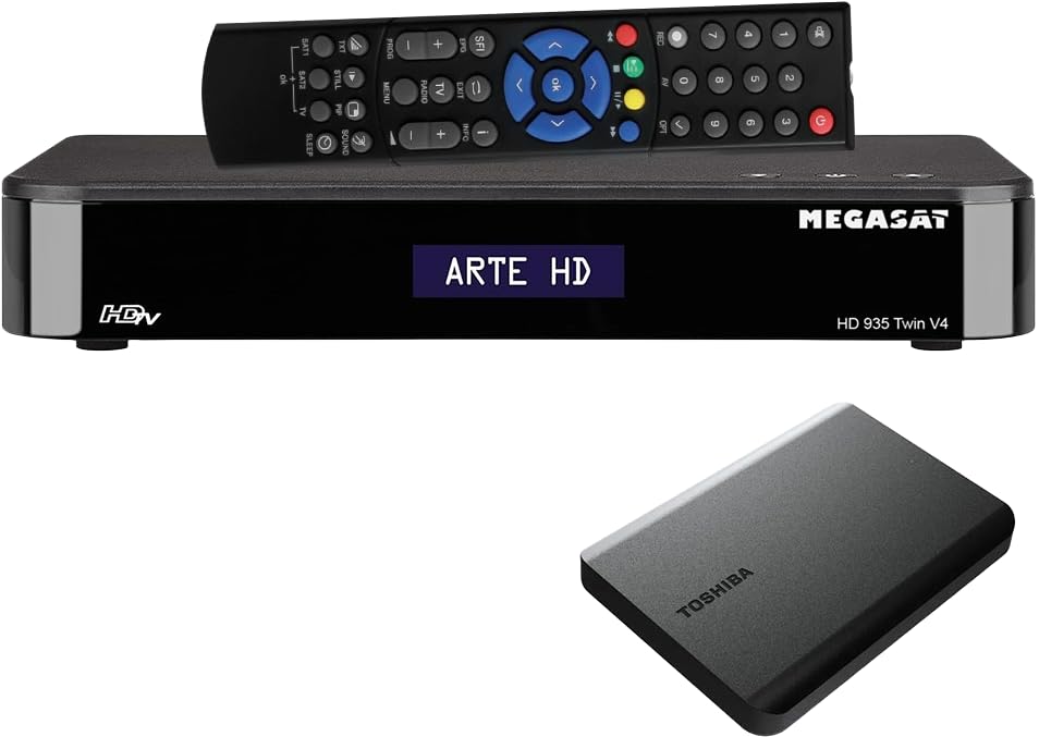Megasat HD 935 Twin V4 inkl. externer 1 TB Festplatte – Twin-Sat-Receiver (2 Empfänger, SATIP Client & Server, PVR, Bluetooth Audio-Streaming an Kopfhörer/Lautsprecher) – Schwarz