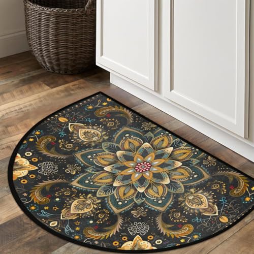 Image of cfpolar Half Round Door Mat Ethnic Mandala Boho Flower Non-Slip Semi Circle Area Rug Washable Half Moon Hearth Rugs for Indoor Outdoor Bathroom Kitchen Patio Runner Mat Laundry Room Home Decoration