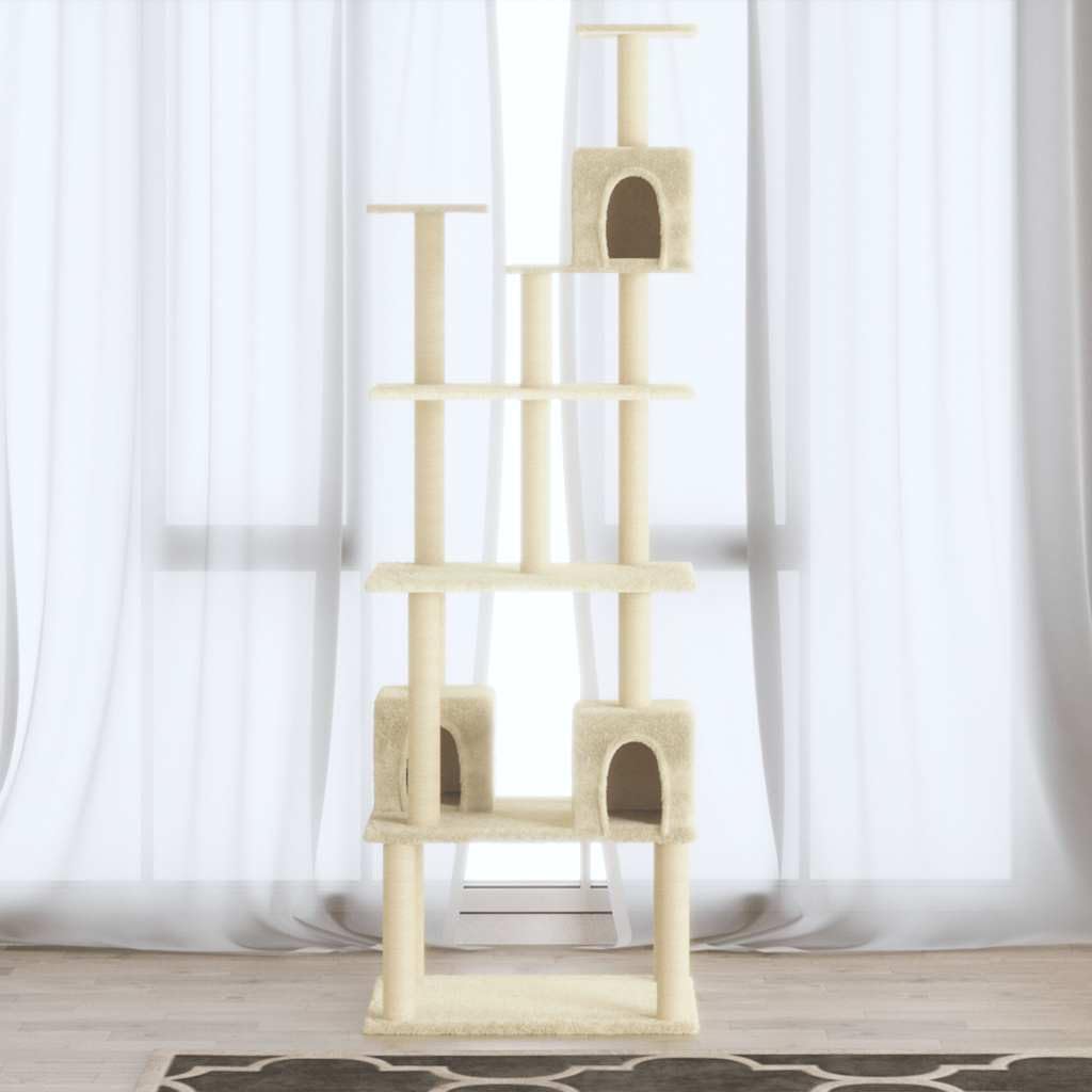 Kratzbaum groß mit 3 Katzenhöhlen, Kletterbaum für Katzen mit Sisal-Kratzsäulen und Plüsch-Aussichtsplattformen, stabiles Katzenmöbel Creme 188 cm hoch