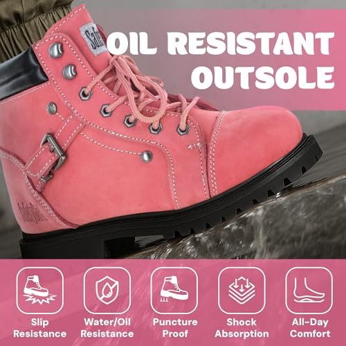 Image of Safety Girl Women's Work Boots | Water-Resistant Leather Work Boots | Oil & Slip-Resistant Soft Toe Boots for Women | Premium Nubuck Leather | Lightweight and Comfortable | Black Leather - 11.5W