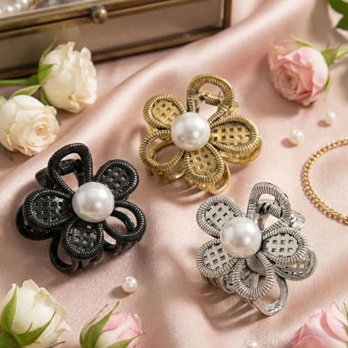 Image of Radhu & Kabby Metal Flower Pearl Hair Claw Clip Pack | Black, Silver & Gold Mini Floral Claw Clips for Women | Strong Grip Stylish Vintage Pearl Center Hair Accessories | Pack of 3
