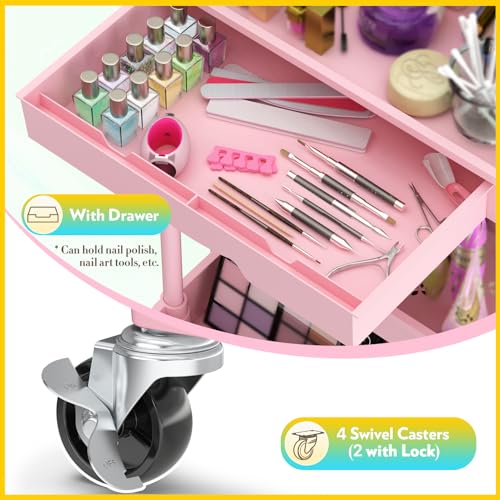 Image of SUNALLY Makeup Cart Organizer with Drawer, 4 Tier Rolling Makeup Cart, Pink