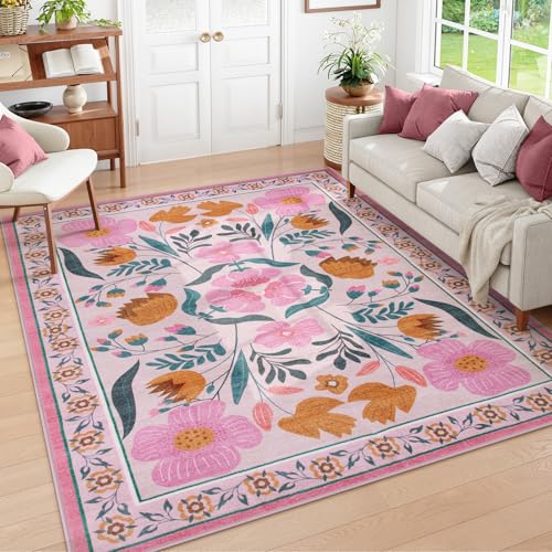 Image of Yuemasi Pink Rug for Living Room, Ultra-Thin Non-Slip Washable Area Rugs 6x9, Flower Farmhouse Soft Bedroom Carpet, Vintage Print Carpet for Kids Room Dorm Decor for College Girls (6x9ft,Pink)