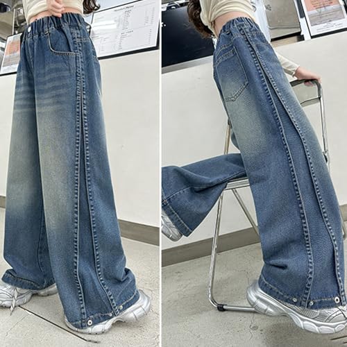 Viatabuna Girls Wide Leg Jeans Elastic High Waisted Cute Loose Pull On Baggy Denim Pants Kid Girls 5-14 Y Casual Streetwear4
