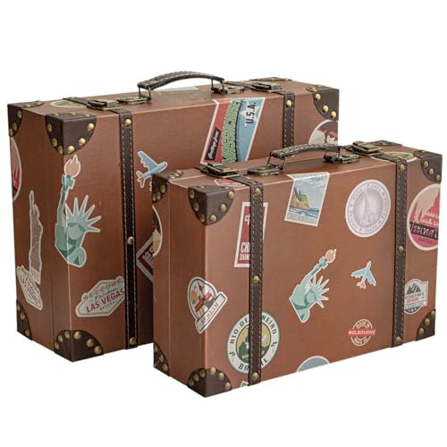 UPPER DECOR Vintage Brown Suitcase Decor Boxes, Set of 2 – Wooden Decorative Suitcase Box with Retro Leather Finish, Travel-Themed Keepsake Storage Chest for Home, Wedding, or Party Decoration