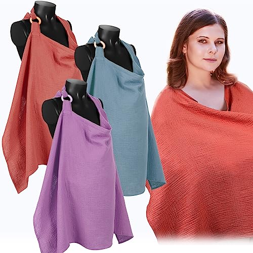 Image of Treela 3 Pcs Muslin Cotton Breathable Nursing Cover Multi Use Car Seat Stroller Breastfeeding Cover for Breastfeeding Baby Shower Gifts Essentials(Elegant Color)