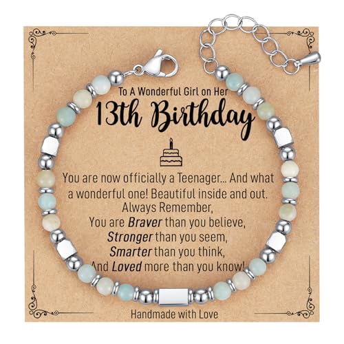 4mm Natural Stone Bracelet with Birthday Cards, 6-21 Year Old Birthday Gifts for Girls Daughter Granddaughter Niece Sister Women Friends