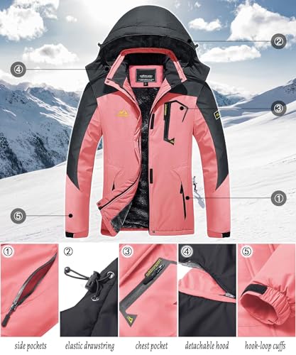 TACVASEN Damen Funktionsjacke Wandern Winterjacke Winddicht Wasserdicht Regenjacke Warm Fleece Snowboardjacke Wetterjacke, Rosa-grau, L