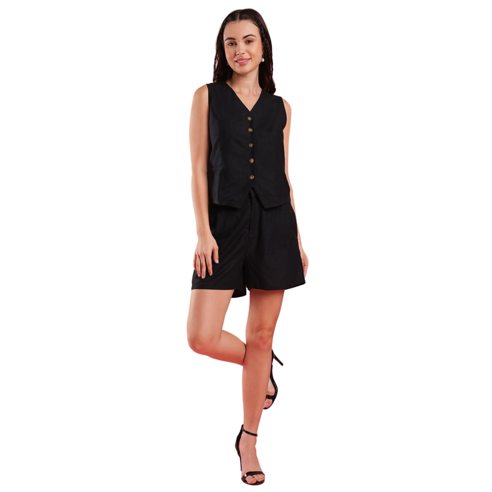 Women V-Neck Big Button Front Opening Top & Partially Elasticated Shorts Co-Ord Set-image-34