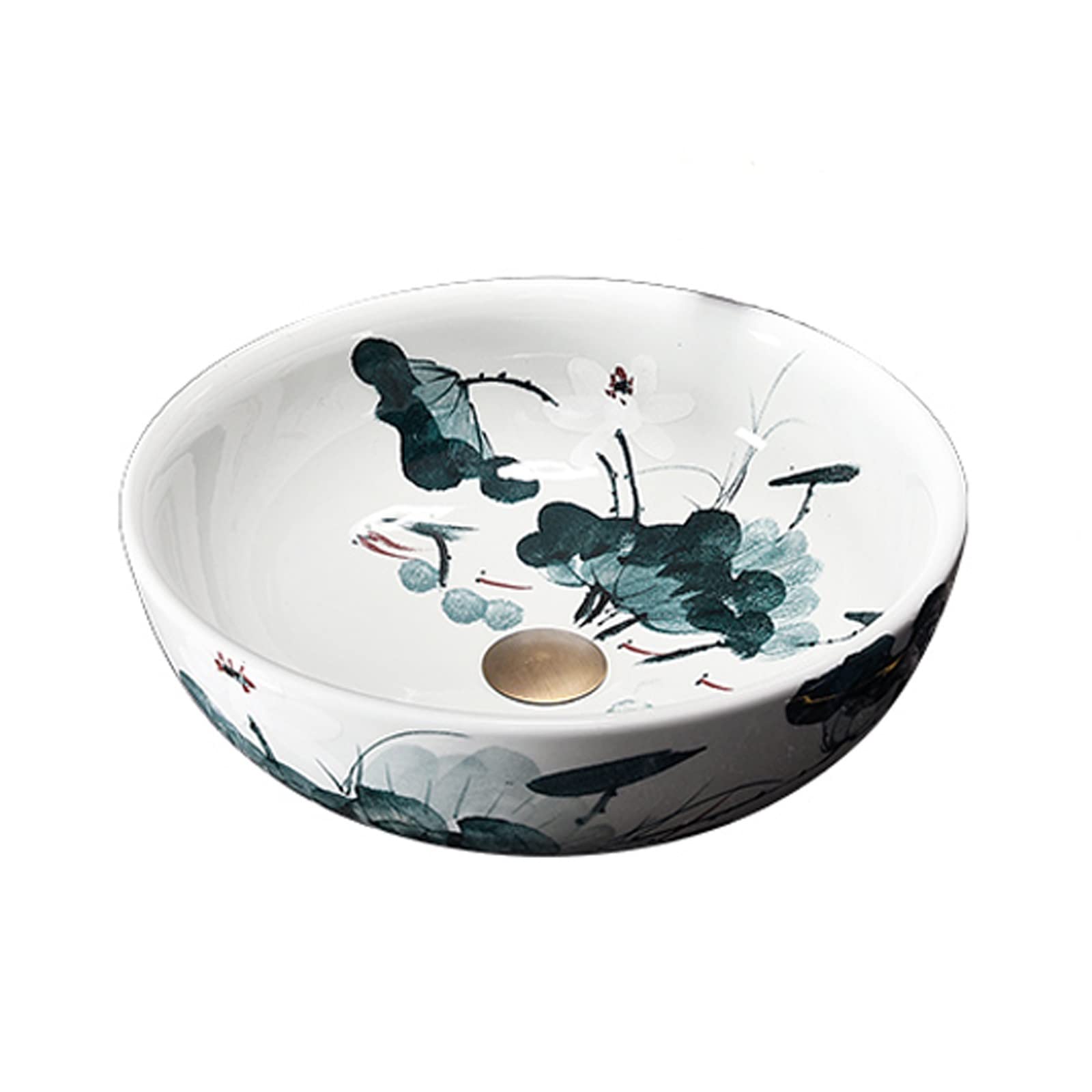 Sjdopulse Only Washbasin Vessel Sink Vessel Vanity Sink Ceramic Bathroom Vessel Sink Bowl Round Blue And White Porcelain Art Countertop Vanity Wash Basin With Lotus Leaf Lotus Pattern Bathroom Sink Ce,,C