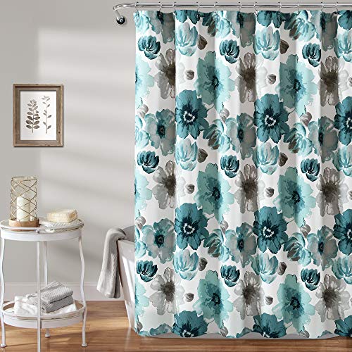 Image of Lush Decor Leah Floral Shower Curtain, 72 inch W x 72 inch L, Blue - Fabric Shower Curtains - Watercolor Botanical Bathroom Curtain - Farmhouse & French Country Decor