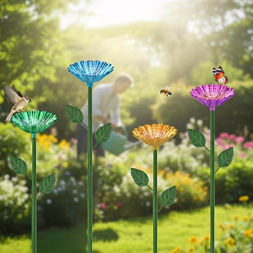 4 Stück Bienentränke für den Garten, Blumenförmige Insektentränke aus Metall mit Gartenstecker, Bienen Trinkbecher für Wildbienen, Schmetterlinge & Bestäuber, Wetterfeste Gartendeko Balkon Outdoor (A)
