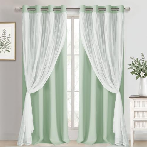 Image of DWCN Sage Green Blackout Curtains with Sheer Overlay 96 Inch Long