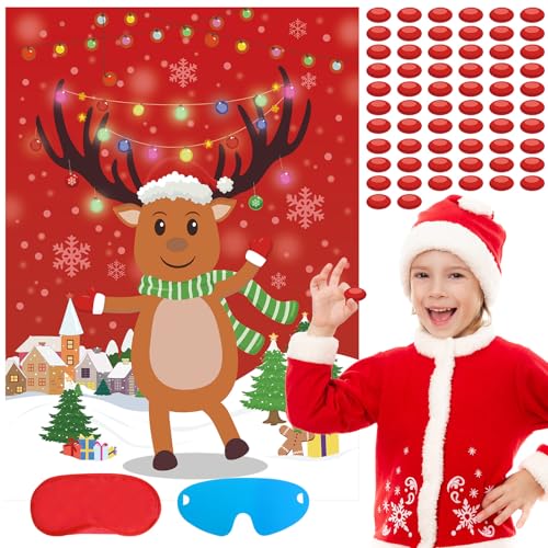 Atiloy Pin the Nose on the Reindeer Christmas Party Games for Kids Large Reindeer Game Post with 84PCS Red Nose for Family Christmas New Year Holiday Party Game Supplies