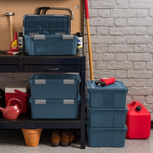 Image of IRIS USA WeatherPro 31 Qt Eco-Friendly Storage Bins with Lids, 4 Pack, BPA-Free Plastic Gasket Box with Tight Latch and Seal, Stackable Nestable Tote Tub - Navy