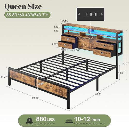 Image of Homkdom Bed Frame Queen Size with 3-Tier Storage Headboard and 4 Drawers,Queen Platform Bed Frame with LED Lights & Charging Station,Metal Queen Bed,Noise-Free,Rustic Brown