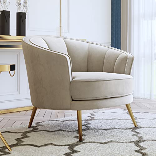 Polib Modern Barrel Chair, Comfy Beige Velvet Leisure Accent Chair Upholstered Armchair Vanity Chair For Bedroom, Living Room, Meeting Room #TOP3