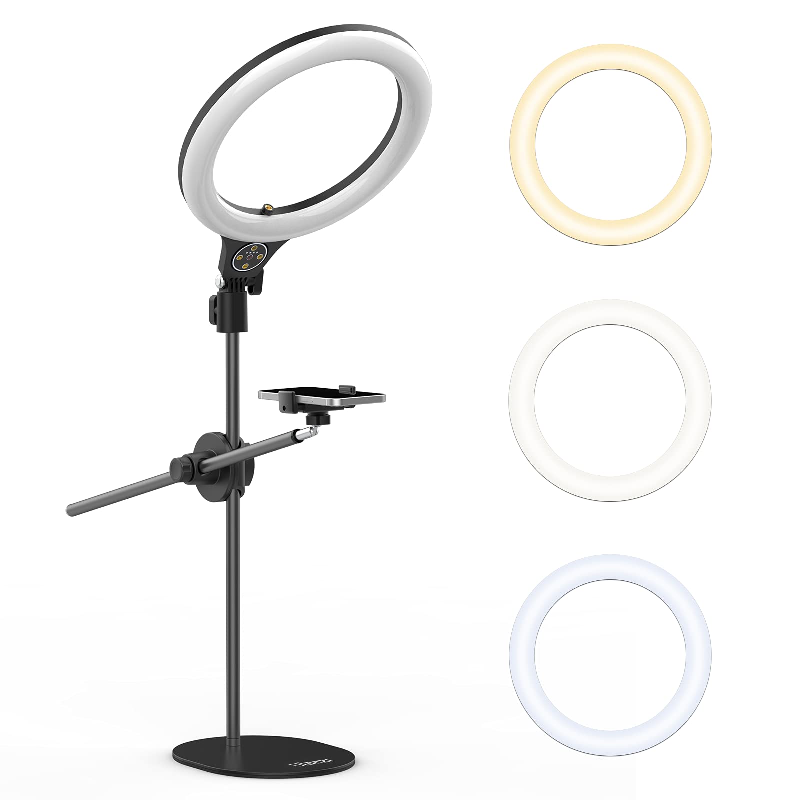 Ulanzi Overhead Phone Mount with 10" Selfie Ring Light, Tabletop Light Stand with 360Ã‚° Adjustable Shooting Arm, 3500k-6500K Dimmable Ring Light for Video Recording, Live Streaming, Portrait & Makeup