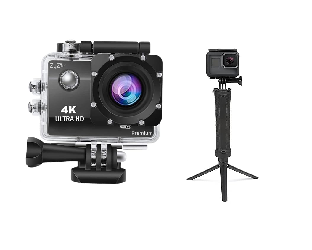 Zuzu Newly October 2025 Updated 4k 1080p Sports Action Underwater Camera with 3-Way Monopod Grip Arm Tripod Foldable Selfie Stick, Stabilizer Mount Holder-image-39