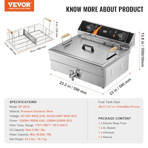 Image of VEVOR Commercial Deep Fryer, 3000W Electric Turkey Fryer with Basket, Large Capacity 30.6Qt / 29L Countertop Single Oil Fryer, Stainless Steel, Temp Control, for Kitchen Restaurant Use, Silver