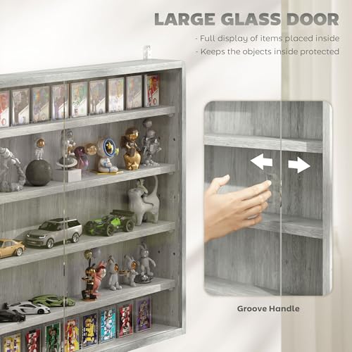 Image of HOMCOM 5-Tier Display Cabinet, Glass Door Cabinet with Adjustable Shelves, Wall-Mounted Display Case for Playroom, Bedroom, Gray