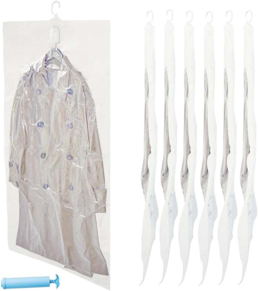 LYNN Hanging Vacuum Storage Bags with Hook, Space Saver Bags for Clothes Organizers,6 Pack Large Vacuum Sealer Bags for Clothes,Compression clothes,Hand Pump Included