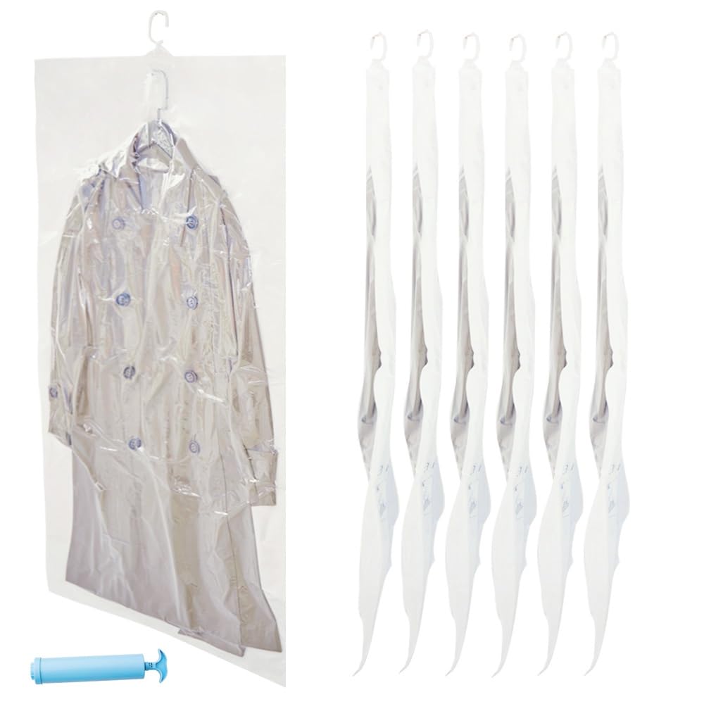 LYNN Hanging Vacuum Storage Bags with Hook, Space Saver Bags for Clothes Organizers,6 Pack Large Vacuum Sealer Bags for Clothes,Compression clothes,