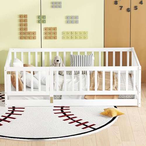 Image of Bellemave Twin Size Kids Montessori Floor Bed with Door,Solid Wood Floor Bed Frame with Slats and High Fence for Kids,Girls,Boys,White