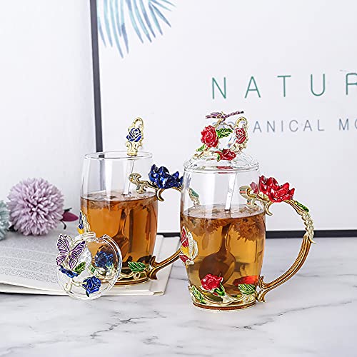 Guon-Wuvl 2 Pack Flower Teacup Transparent Glass Teacup, (With Spoon + Lid), Fancy Tea Cups, Flower Tea Cup,Tea Cup Gift, Tea Sets For Women,Gifts For Women (B) #TOP2
