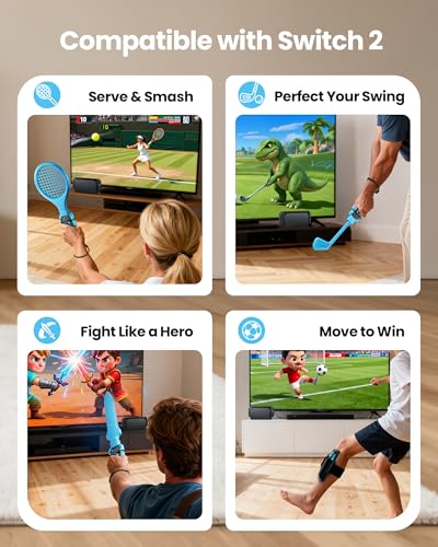 VOYEE 16 in 1 Switch 2 Sports Accessories Bundle with Carry Bag, for Switch 2 Games, Kids Gift Family Party Kit with Tennis Rackets, Golf Clubs, Swords, Steering Wheels, Grips, Wrist & Leg Straps - Thumbnail 2