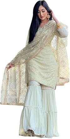 Chinnon Punjabi Sharara Suit and Dupatta for Women, Ready to Wear