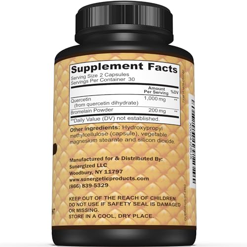 Image of Sunergetic Premium Quercetin & Bromelain Supplement - Powerful Quercetin Bromelain Complex to Help Support Immune System & Seasonal Support - Quercetin 1000mg Per Serving - 60 Capsules