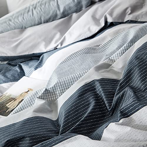 Oreise Duvet Cover Set Full/Queen Size 100% Cotton Bedding Set Gray Blue White Printed Striped Style,3Piece (1 Duvet Cover + 2 Pillowcase),Comfortable Luxurious Soft #TOP6