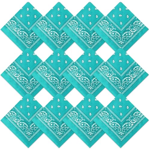 Suhine 12 Pcs Bandanas Bulk for Women Men 22 x 22 Inch Paisley Headband Cowboy Handkerchief Summer Beach Party Costume(Teal Blue)