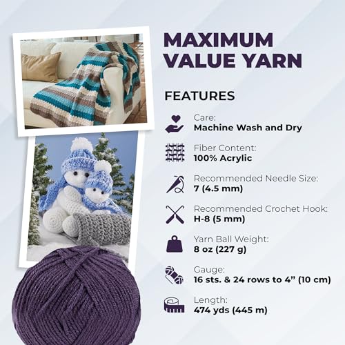 Image of Mary Maxim Maximum Value Acrylic Yarn for Crocheting and Knitting, Soft Worsted Weight Purple Yarn 4, Ideal for Blankets, Sweaters, Hats, and Scarves, 8 oz Skein (474 Yds), Dark Violet - 1 Skein
