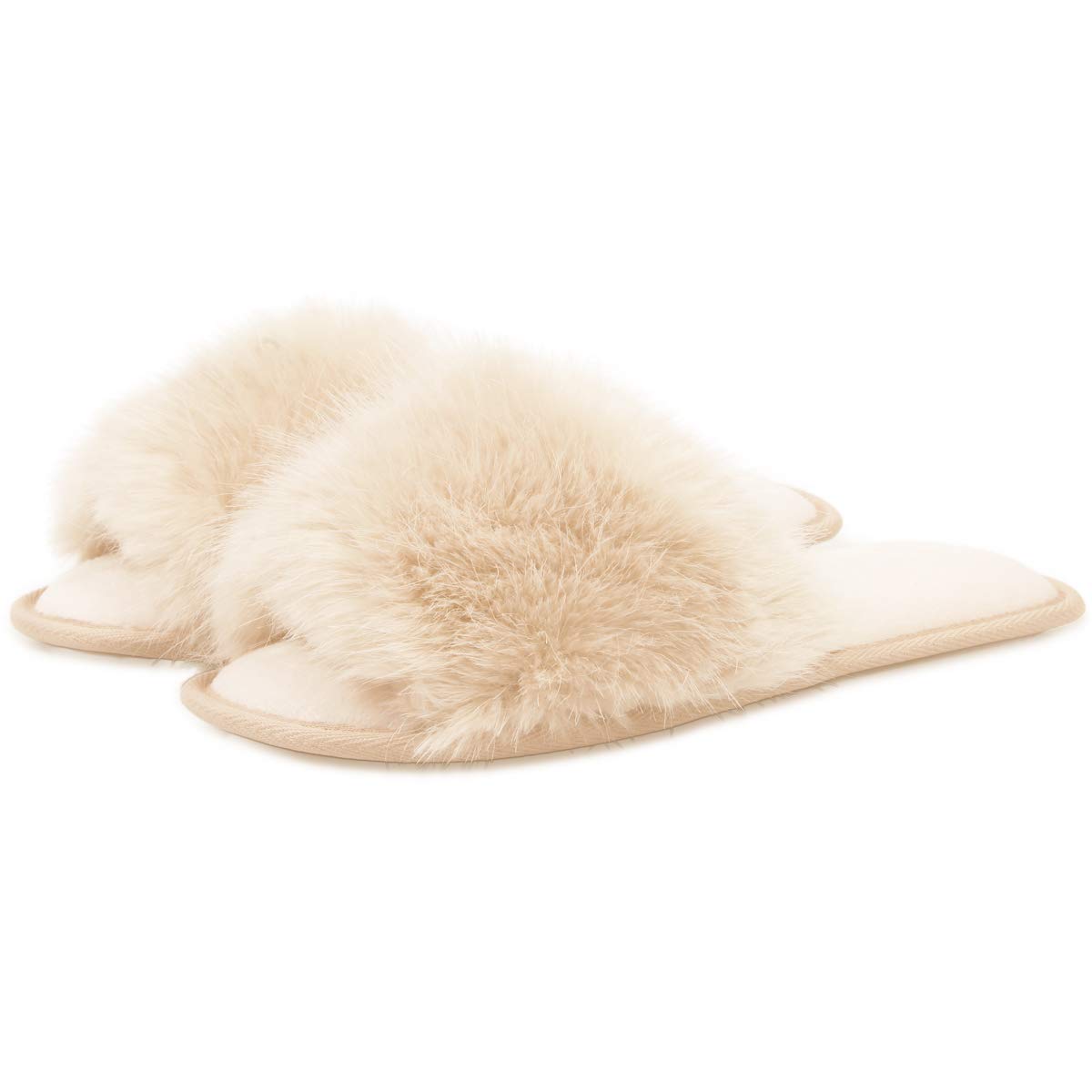 Womens Open Toe Fuzzy Slippers Memory Form Fluffy Slippers Faux Fur Flat Slide House Slippers