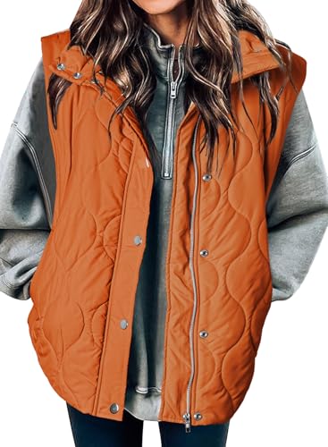 EVALESS Womens Casual Cropped Puffer Vest Fall 2025 Lightweight Quilted Stand Collar Sleeveless Button Down Jackets Winter Warm Coat Outerwear Gilet with Pockets Orange Large