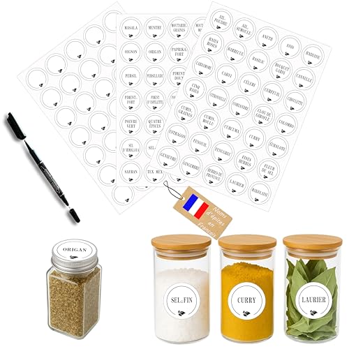 Étiquettes Épices Français Rondes Blanches – 105 Stickers Autocollants Ø38 mm – Marqueur Noir Inclus – Étanches, Lavables et Lisibles – Pour...