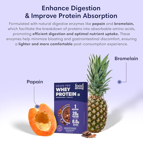 Image of Foodstrong Whey Protein Powder (Concentrate + Isolate), 100% Hormone Free Grass-Fed Whey, 26G Protein & 6.6G BCAA, Chocolate Almond, With Turmeric & Digestive Enzymes, Single Serve Sachet, 34G