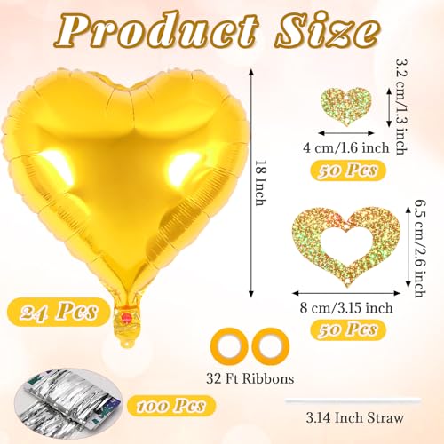 Image of 24 Pcs Gold Heart Balloons, 100 Pcs Heart Hanging Streamers, 18 Inch Heart Foil Balloons Valentine's Day Balloon Love Balloon for Valentines Day Proposal Wedding Party Decorations
