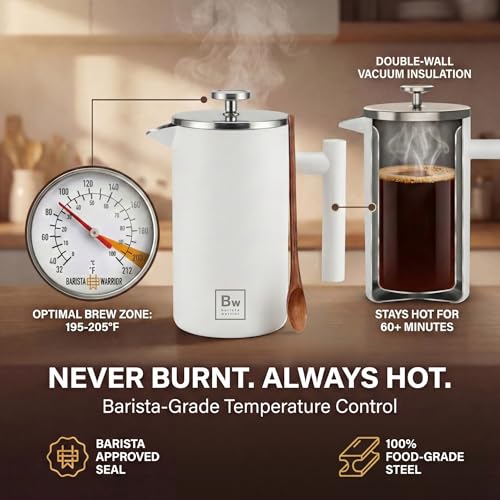 Image of Barista Warrior French Press Coffee Maker - Double-Wall Stainless Steel Insulated French Press with Built-In Thermometer, Dual Filters Coffee Maker with Wooden Spoon - White
