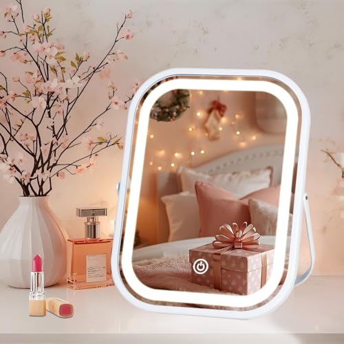 LAKFUES LEDライト付き 化粧鏡 卓上 女優ミラー 3色調光 角度調整可能 折りたたみ式 充電式 持ち運び 旅行用 置き鏡 ホワイト