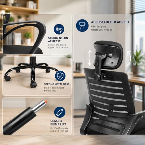 Image of HIGHLIVING Ergonomic Office Chair | Adjustable Headrest | 120 Tilt | Breathable Mesh Back | Moulded Foam Seat | Class 4 Gas Lift | Metal Base | High Back Computer Chair for Home & Office