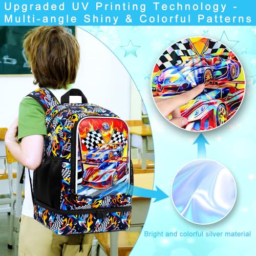 Image of HPJGD 2-in-1 Backpack for Boys, 17 inch Race Car Preschool Bookbag Set with Built-in Lunch Compartment, Kids Water-Resistant School Bag for Elementary - Thrill Racing