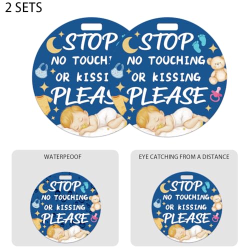 Image of 2 Pack Do Not Touch Signs Stroller Tag Blue No Touching Car Seat Sign Cute Beer Theme Stop No Touching Safety for Family PVC Seat Signs-Stroller Tag for Car Accessories 5 Inches