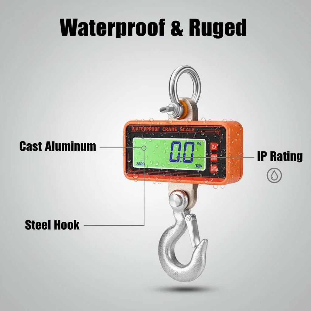 Waterproof Crane Scale, Digital Hanging Scale & Hook Scale, Heavy Duty Industrial with LCD Display for Farms, Hunting, Fishing, Livestock - Rechargeable, Cast Aluminum Case (Kilograms, 500)